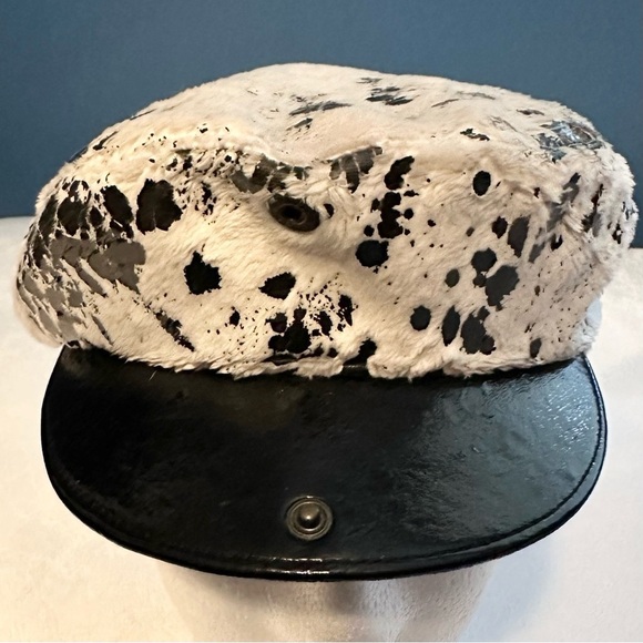Vintage PLATANIA Italy Womens Newsboy Hat Faux Fur Black &Ivory Spotted Ink blot main image 12